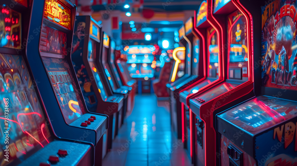 A classic arcade machine, with neon lights as the background, during a gaming night A classic arcade machine, with neon lights as the background, during a gaming night