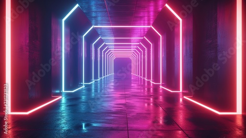 3d render. Futuristic corridor with neon lights. Abstract background.
