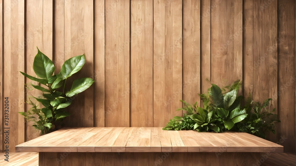 Wooden podium for product presentation with plants around on a wooden background. Wooden podium for product presentation with plants around on a wooden background.