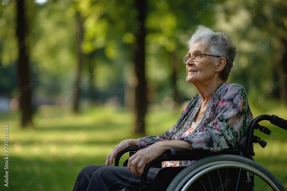 Portrait of disabled senior woman sitting in wheelchair in the park