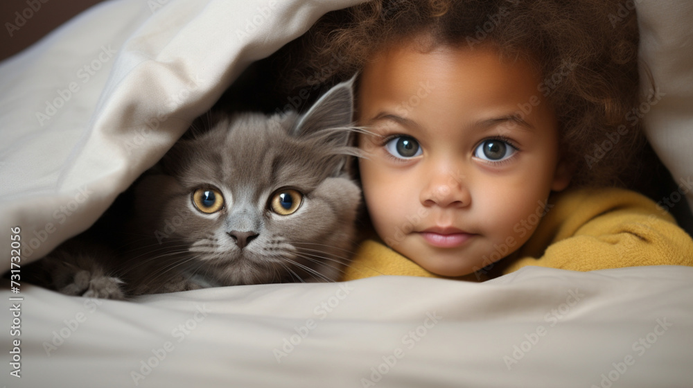 Small child lies on a bed with a cat. Kitten and baby childhood friendship. Baby and cat. Child and Kitten lying together on the bed Small child lies on a bed with a cat. Kitten and baby childhood friendship. Baby and cat. Child and Kitten lying together on the bed