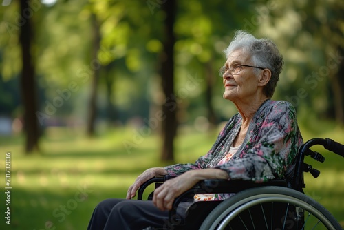 Portrait of disabled senior woman sitting in wheelchair in the park © Alina