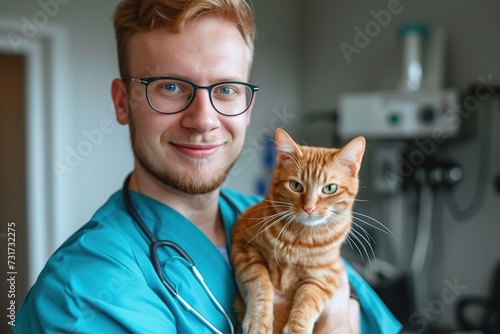Young man vet holding cat in vet clinic