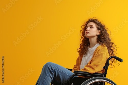 Disabled young woman in wheelchair on yellow background photo