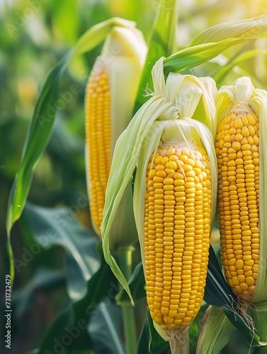 Corn cobs with corn plantation field background. : Generative AI