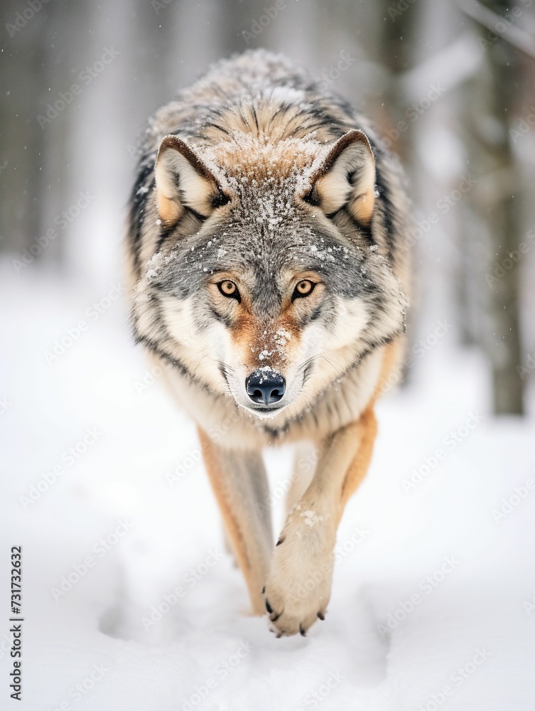 Obraz premium AI generated wolf walking in snow covered forest