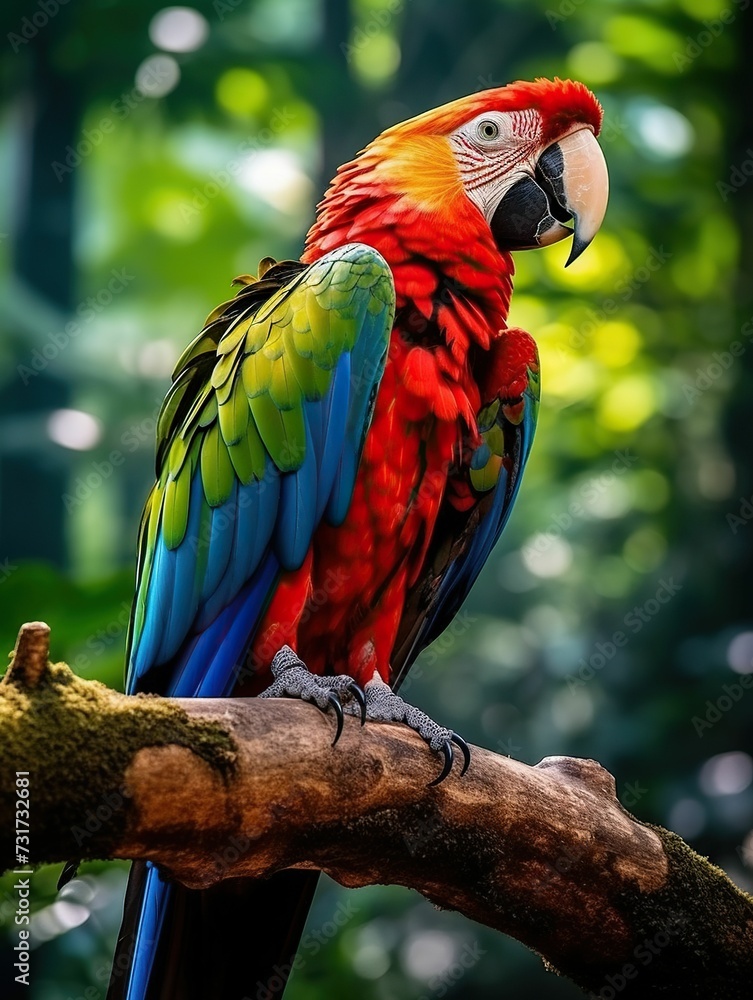 AI generated image of Ara parrots perching on tree branch