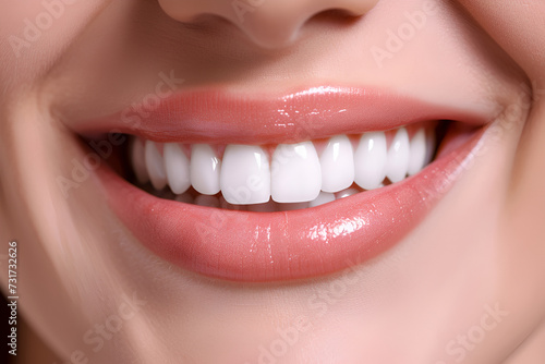 Beautiful snow white smile woman's close-up. Ideal strong white teeth. Healthcare, stomatological concept