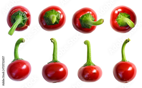 Cherry hot peppers isolated on white background. Red cherry chili peppers side view and top view