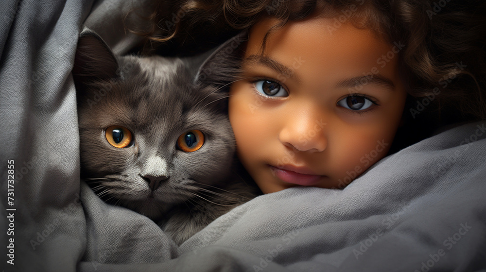 Small child lies on a bed with a cat. Kitten and baby childhood friendship. Baby and cat. Child and Kitten lying together on the bed