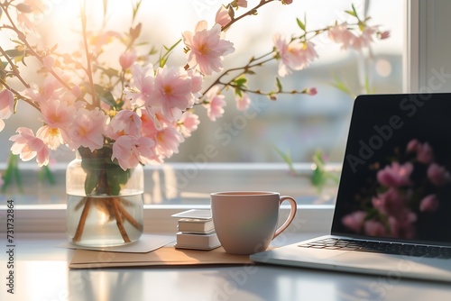 Home work place with laptop, cup of hot drink and blooming brunch in vase on coffee table near window on sunset or sunrise. Freelance, working from home, online learning, home office. : Generative AI