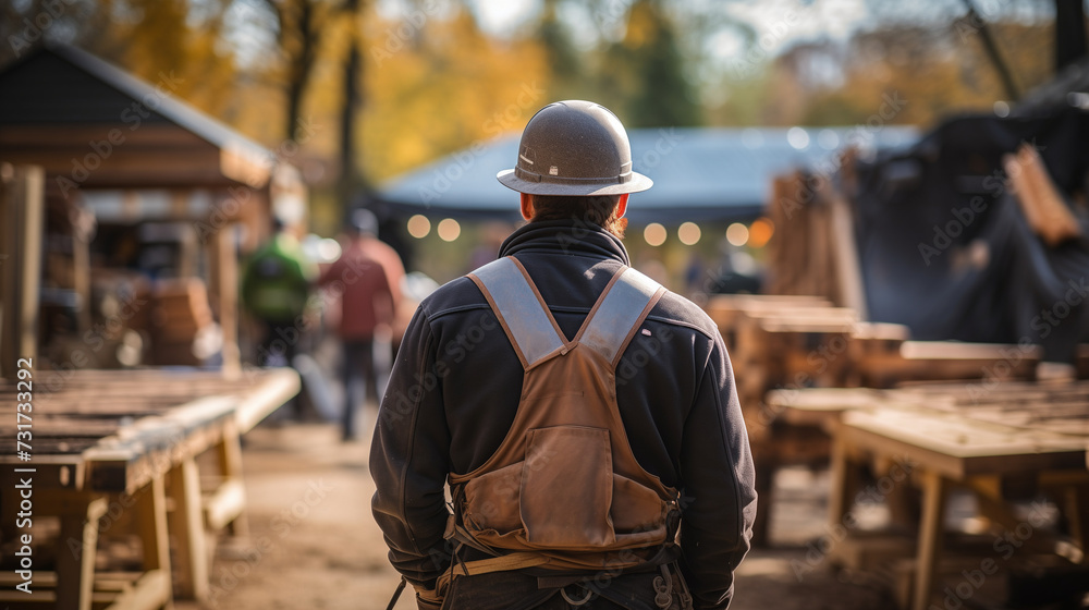 Professional builder working on a construction site, seen up close and from behind. Professional builder working on a construction site, seen up close and from behind.
