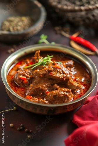 Traditional homemade Mutton curry from Asian cuisine. Spicy beef curry. Goan style beef vindaloo. Traditional Indian Lamb gravy popular in Kerala Sri Lankan Goa Appam Parotta porotta i : Generative AI