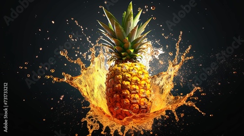 AI generated illustration of a ripe pineapple surrounded with pineapple juice splashes and droplets