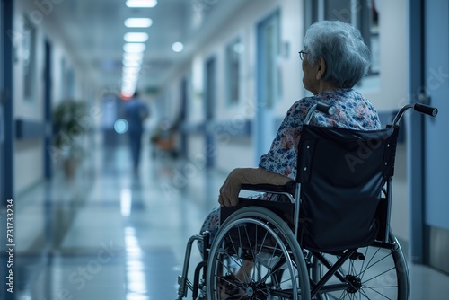 Disabled senior woman sitting in wheelchair in hospital