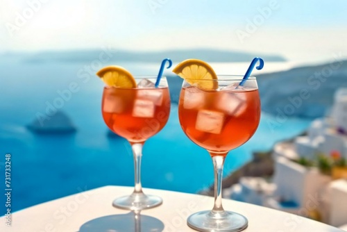 Two glasses with alcohol drinks against blue sky. cocktail on the beach. Travel and summer vacation, travel, relax concept