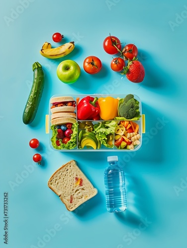 Fuel up your mind: Top view image featuring lunch box with sandwiches, fruits and vegetables, water bottle on pastel blue isolated background, with copy-space available for text or pro : Generative AI