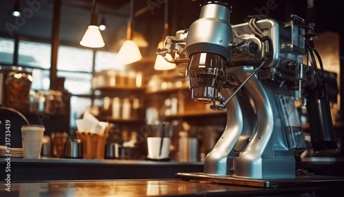 Robot arm serving hot coffee latte in a coffee shop