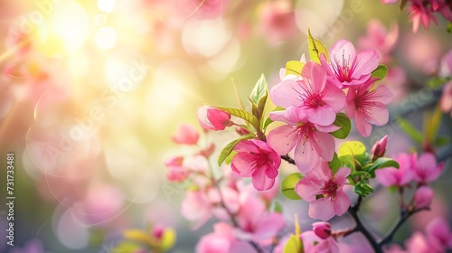 Spring border or background art with pink blossom. Beautiful nature scene with blooming tree and sun flare. Easter Sunny day. Spring flowers. Beautiful Orchard Abstract blurred backgro : Generative AI
