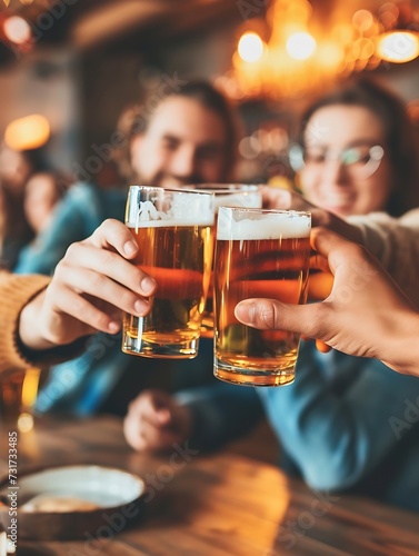 Group of friends drinking and toasting glass of beer at brewery pub restaurant- Happy multiracial people enjoying happy hour with pint sitting at bar table- Youth Food and beverage lif   Generative AI