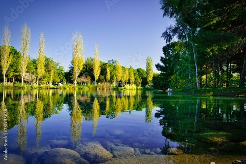 Tranquil lake surrounded by lush trees reflecting in the water.