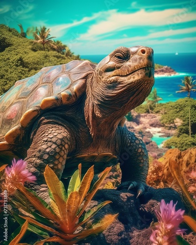 AI generated illustration of a tortoise perched on a lush, grassy hill on the coastline photo