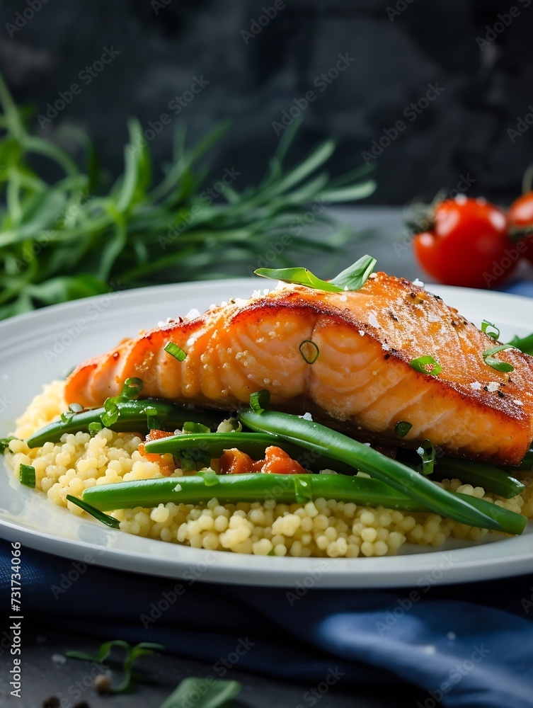 Salmon served with cous cous and green beans : Generative AI