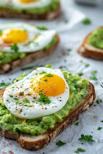 Avocado Egg Toast, Eggs on Toasted Bread with Avocado, Healthy Snack or Breakfast on Bright Background : Generative AI