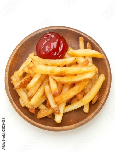 Wooden plate of delicious french fries with ketchup on white background : Generative AI