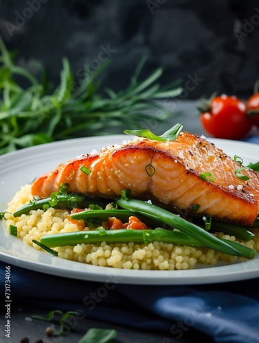 Salmon served with cous cous and green beans : Generative AI