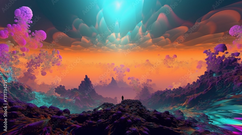 AI generated illustration of a surreal landscape in vivid colors a psychedelic atmosphere
