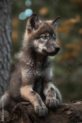 AI-generated illustration of a young wolf pup in the woods.