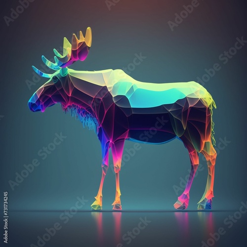 AI generated illustration of a vibrant low polygon moose standing against a blue background