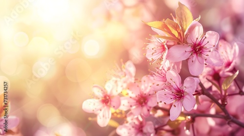 Spring border or background art with pink blossom. Beautiful nature scene with blooming tree and sun flare. Easter Sunny day. Spring flowers. Beautiful Orchard Abstract blurred backgro : Generative AI