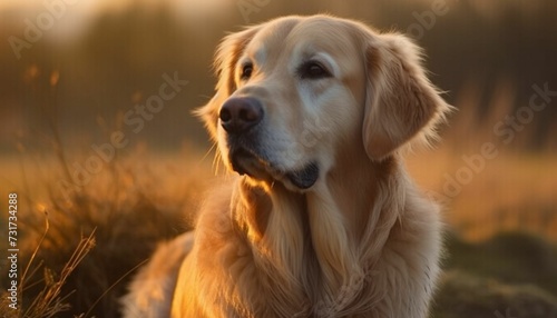 a golden colored dog sitting in the middle of a field