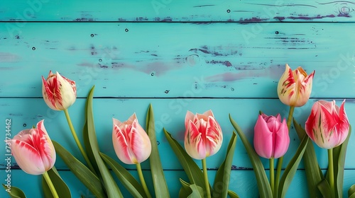 Frame of tulips on turquoise rustic wooden background. Spring flowers. Spring background. Greeting card for Valentine s Day  Woman s Day and Mother s Day. Top view.   Generative AI