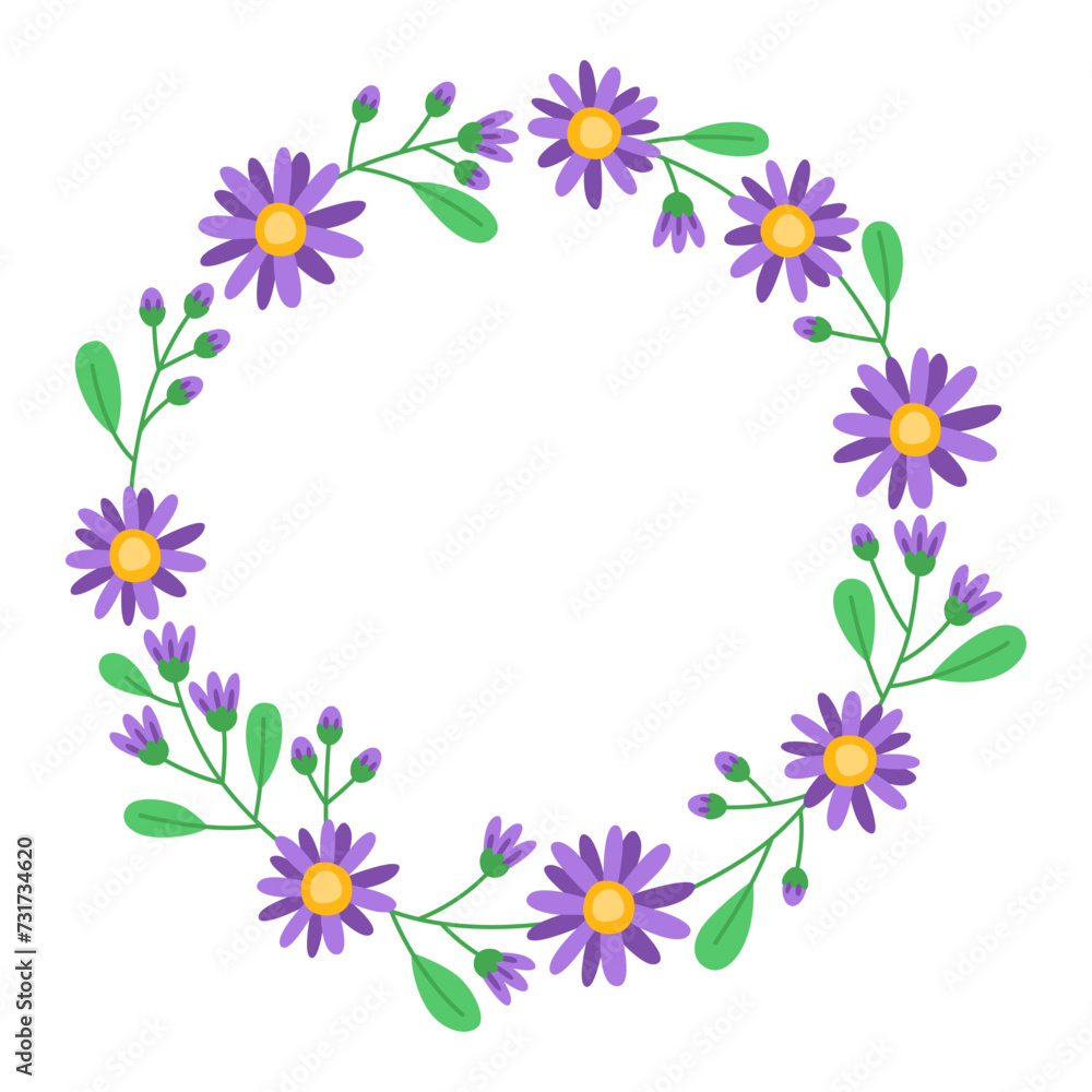 Floral round frame with purple flowers, buds and green leaves. Botanical decor for design, card. Spring wreath. Design for 8 march, easter. Meadow flowers, wild plants. Daisies.