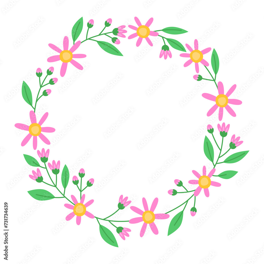 Floral round frame with pink flowers, buds and green leaves. Botanical decor for design, card. Spring wreath. Design for 8 march, easter. Meadow flowers, wild plants. 