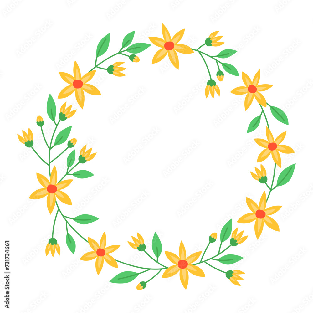 Floral round frame with yellow flowers, buds and green leaves. Botanical decor for design, card. Spring wreath. Design for 8 march, easter. Meadow flowers, wild plants. Floral round frame with yellow flowers, buds and green leaves. Botanical decor for design, card. Spring wreath. Design for 8 march, easter. Meadow flowers, wild plants.