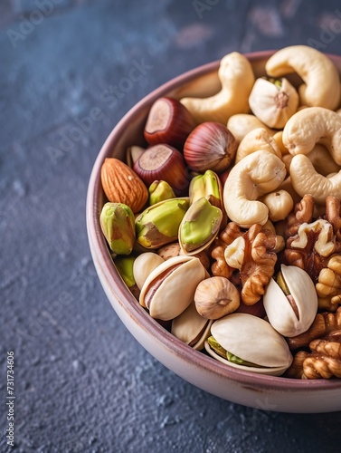mixed nuts in bowl. Mix of various nuts on colored background. pistachios, cashews, walnuts, hazelnuts, peanuts and brazil nuts. : Generative AI