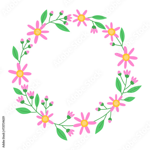 Floral round frame with pink flowers  buds and green leaves. Botanical decor for design  card. Spring wreath. Design for 8 march  easter. Meadow flowers  wild plants. 