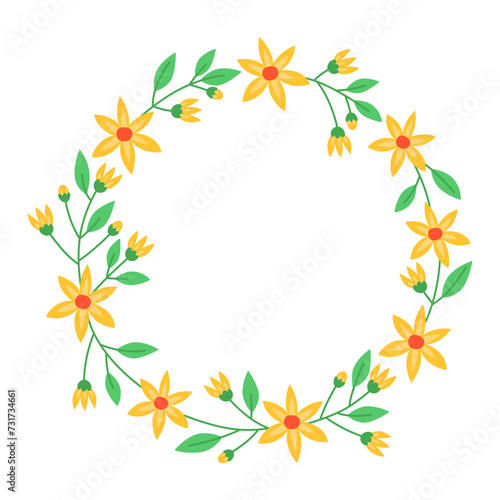 Floral round frame with yellow flowers, buds and green leaves. Botanical decor for design, card. Spring wreath. Design for 8 march, easter. Meadow flowers, wild plants. 