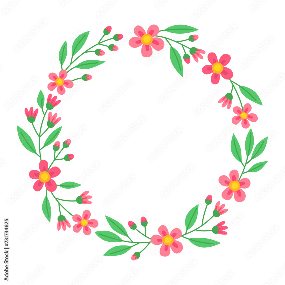 Floral round frame with pink flowers, buds and green leaves. Botanical decor for design, card. Spring wreath. Design for 8 march, easter. Meadow flowers, wild plants. 