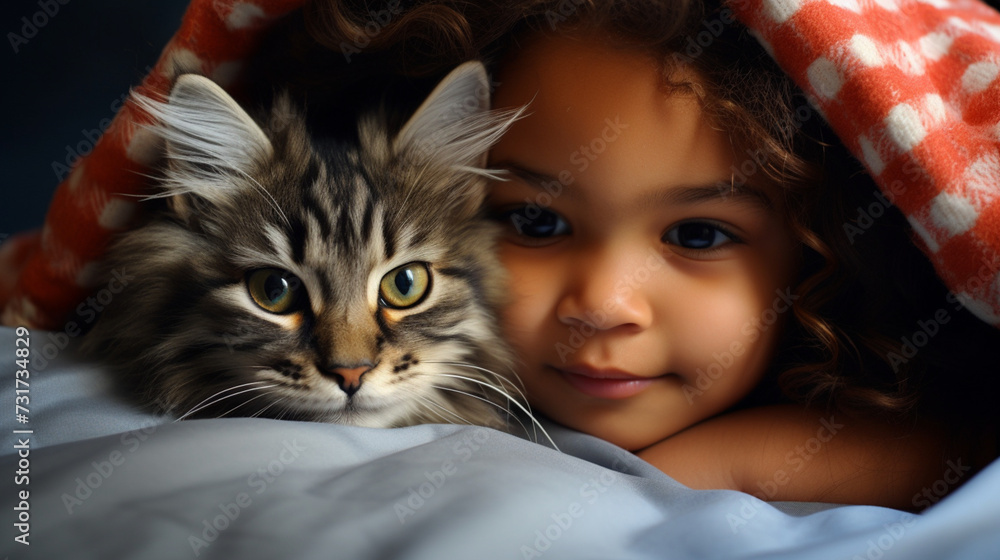 Small child lies on a bed with a cat. Kitten and baby childhood friendship. Baby and cat. Child and Kitten lying together on the bed