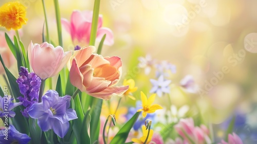 Easter background with beautiful spring flowers   Generative AI