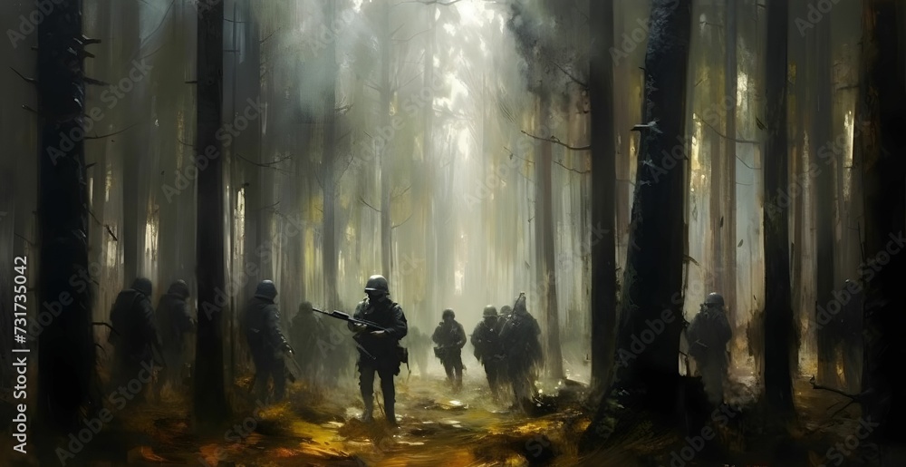 AI generated illustration of a group of military personnel walking through a war-torn landscape