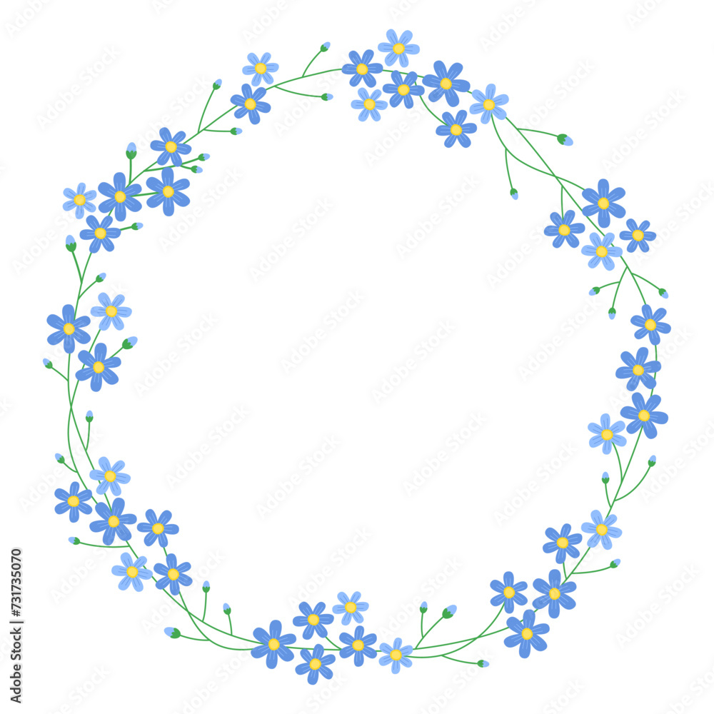 Floral round frame with many small blue flowers. Forget-me-not flowers. Cute spring wreath. Botanical decor for design, card. Design for 8 march, easter. Meadow flowers.