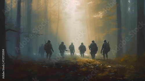 AI generated illustration of a group of military personnel walking through a war-torn landscape