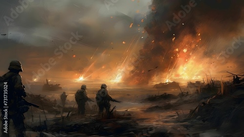 AI generated illustration of a group of military personnel walking through a war-torn landscape photo
