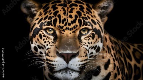 AI generated illustration of A jaguar looks intently at the camera with its piercing eyes